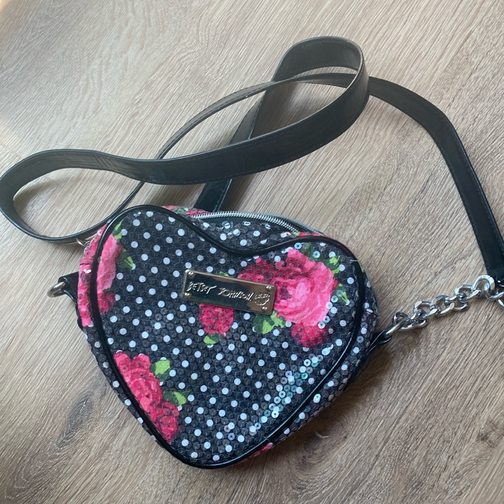 Betsey Johnson, black white polkadot, pink roses, glitter Crossbody bag